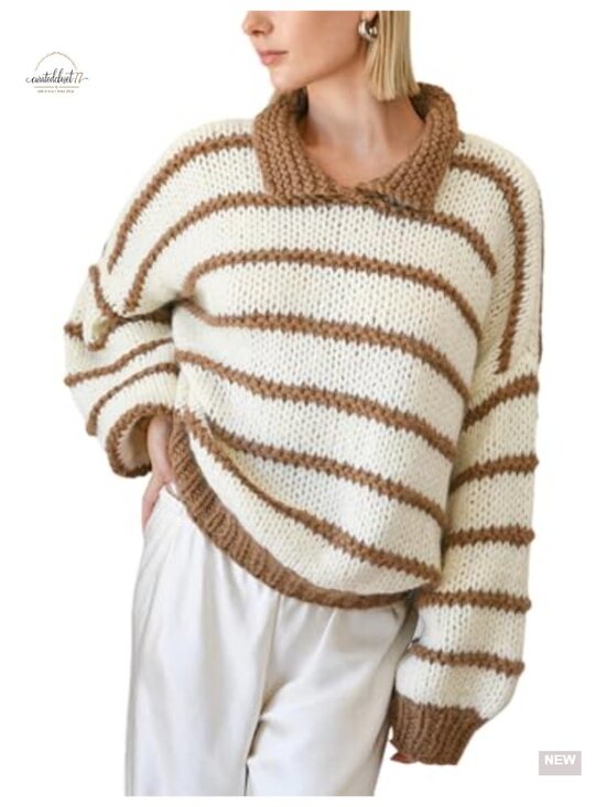 Sweaters - Oversized Striped Knit Pullover Sweater Crewneck Long Balloon Sleeve